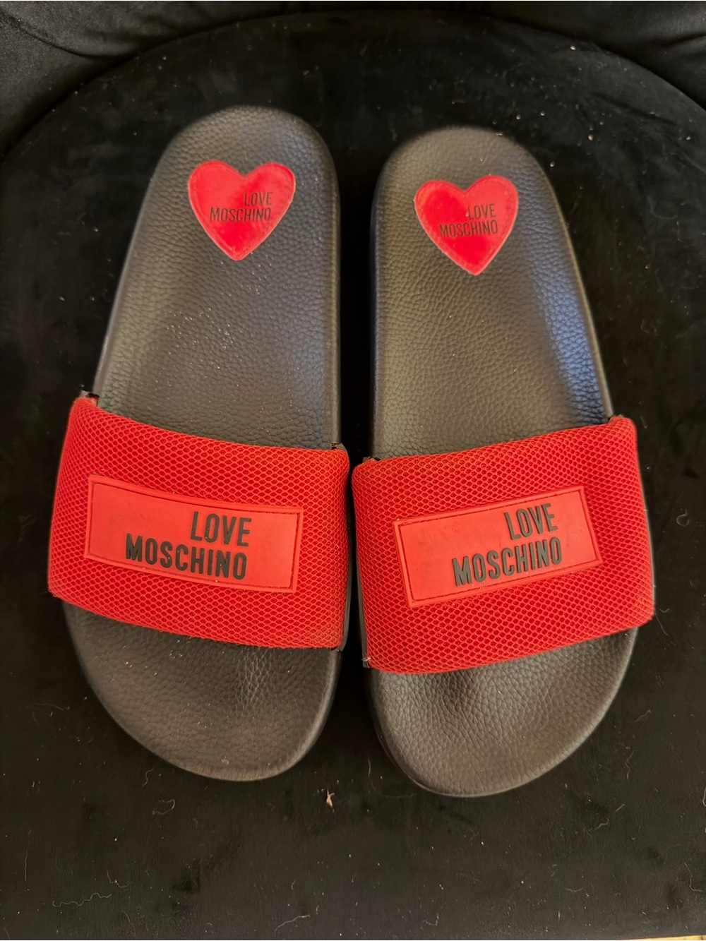 Love Moschino Red and Black Slide Sandals with Heart Detail